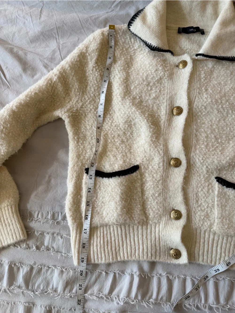 Mango Cream Knit Cardigan with Black Trim